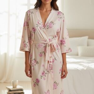 Laura Ashley Robe Womens Small Pink Floral Soft Knit Wrap Tie Belt 3/4